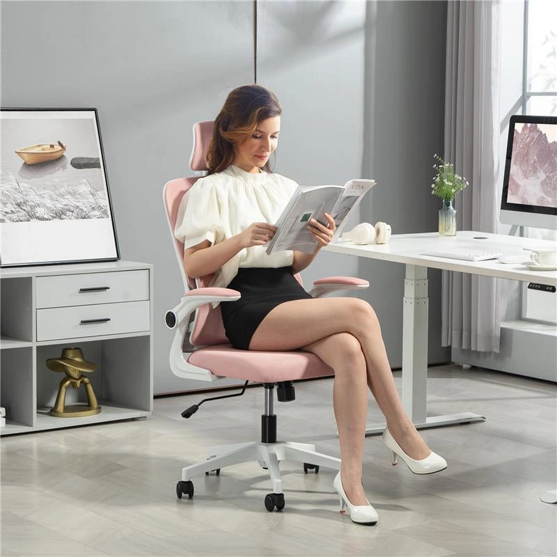 SEDIA DA UFFICIO REGOLABILE E RECLINABILE CON POGGIATESTA RIMOVIBILE, IN TESSUTO A RETE, 60X59X114-122 CM, ROSA