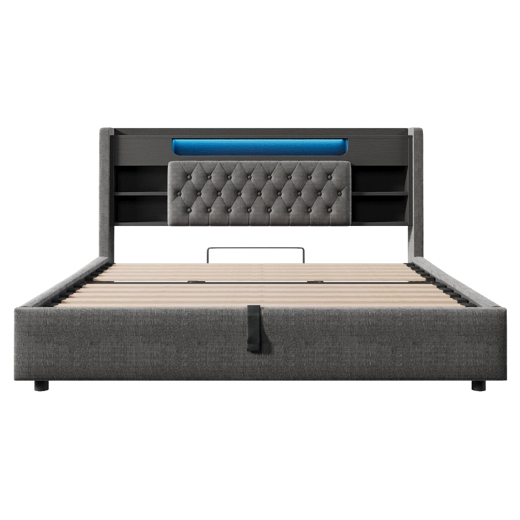 DESMIU Lit coffre 180 × 200 cm 2 posti con LED, USB e Type-C, contenitore idraulico, senza materasso, grigio