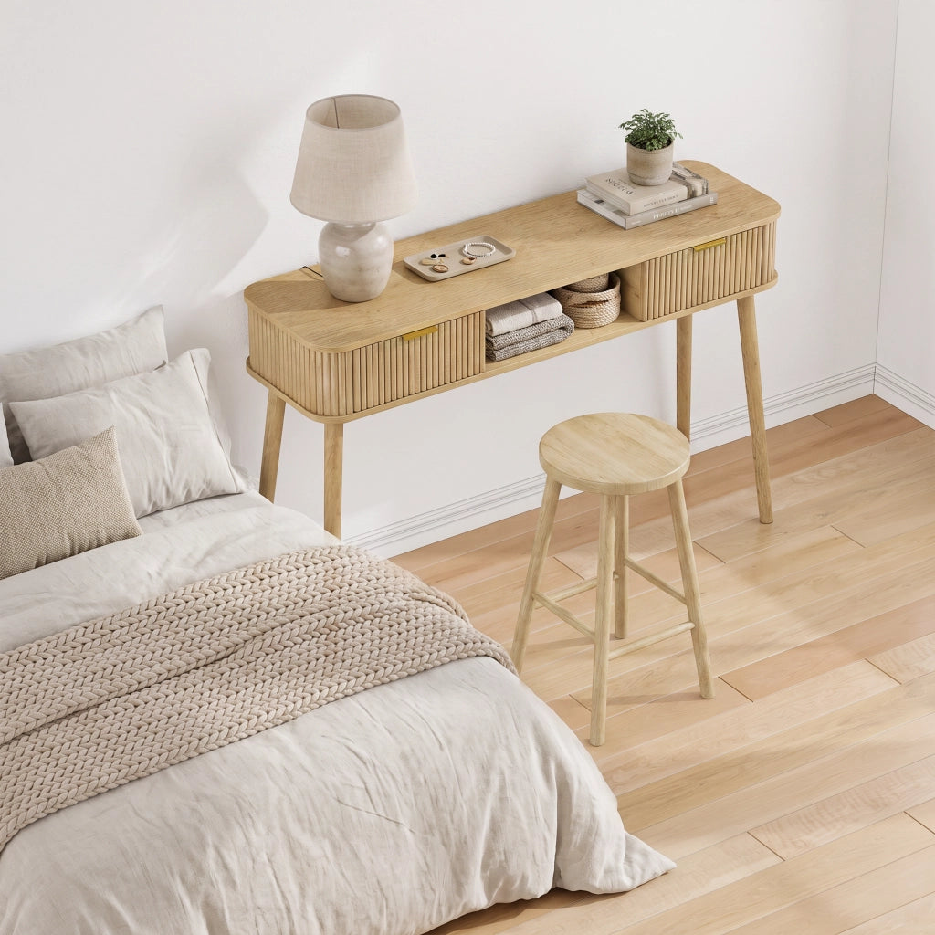 Consolle con 2 cassetti e ripiano aperto in MDF rovere