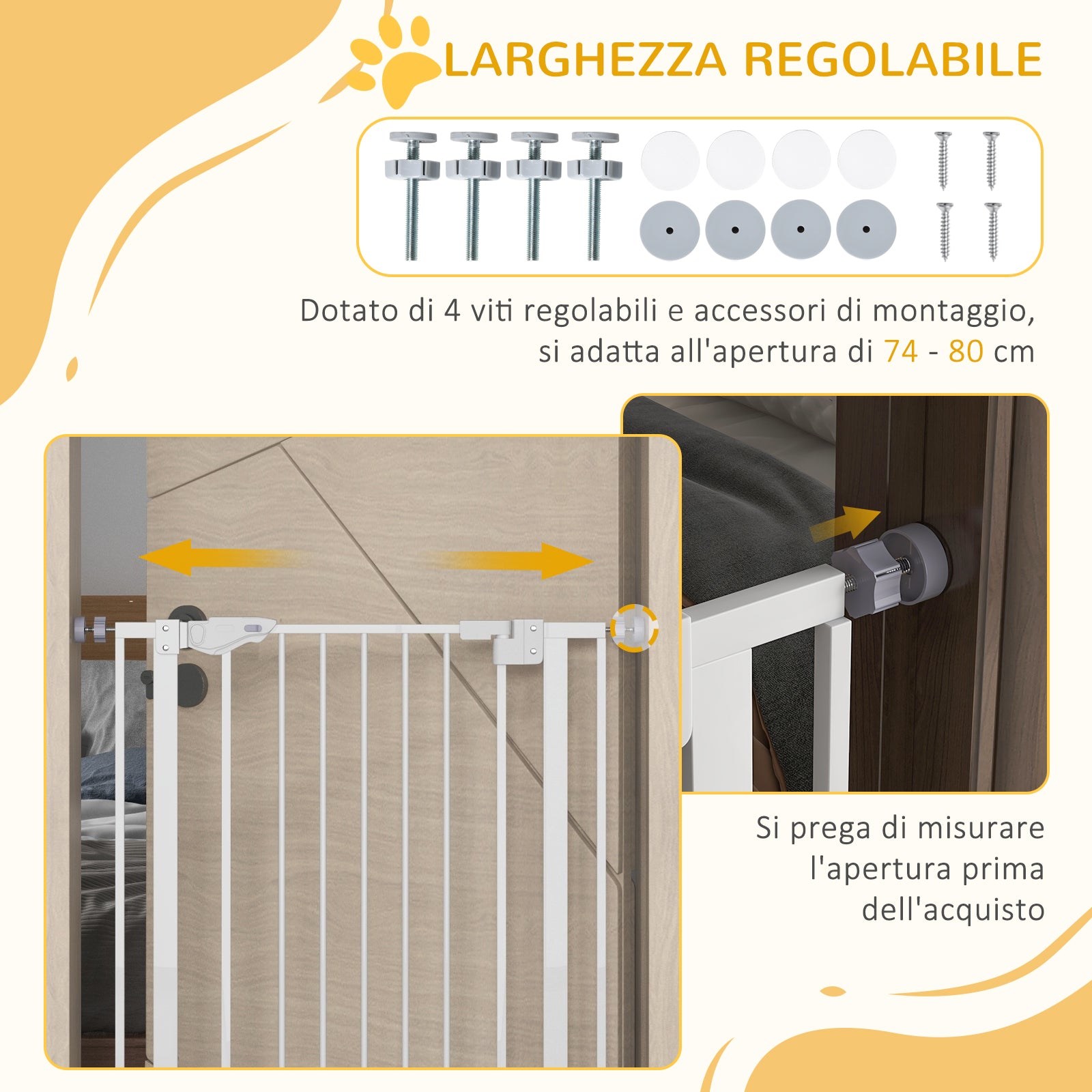 Cancelletto per Cani 74-80x104cm Regolabile Alto con Porta Piccola Bianco