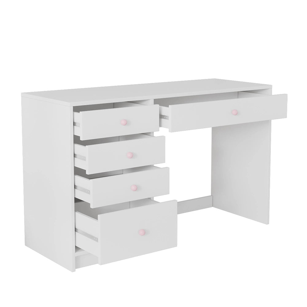 Scrivania bambini - Xylo - 5 cassetti, maniglie rosa, 120×45×74 cm