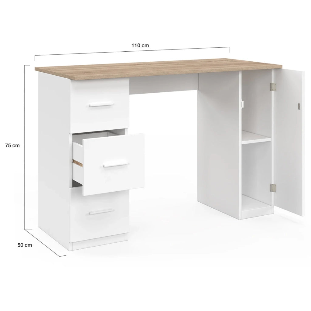 IDMarket - MAE Scrivania dritta a 3 cassetti con anta in legno e armadio bianco