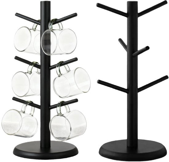 Sostegno per tazza 2 pezzi - Base in legno - Draining efficiente - 6 ganci - Per cucina e ufficio - Materiale duraturo - Sostegno per tazze