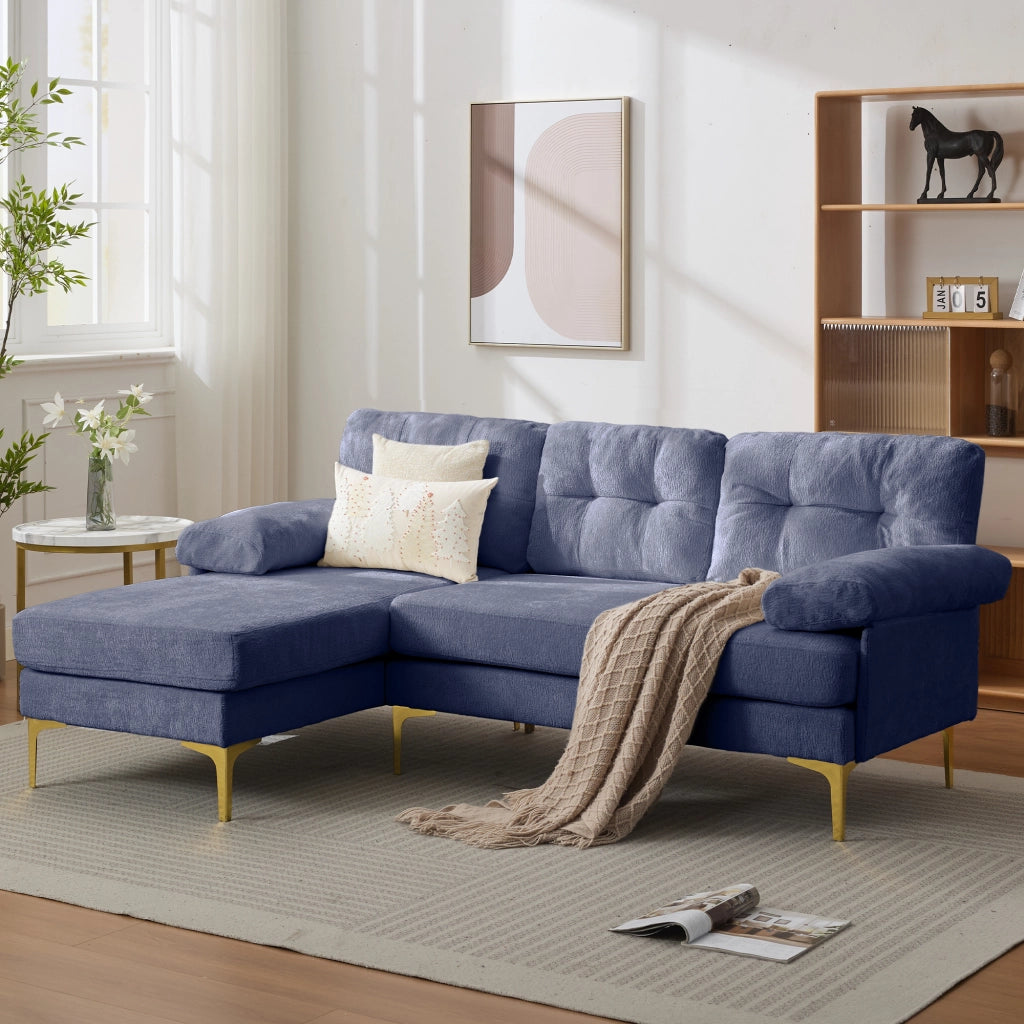 Divano Angolare 3 Posti ¨C MINIMAL ¨C Tessuto Chenille Blu, Gambe in Metallo, Funzione Relax