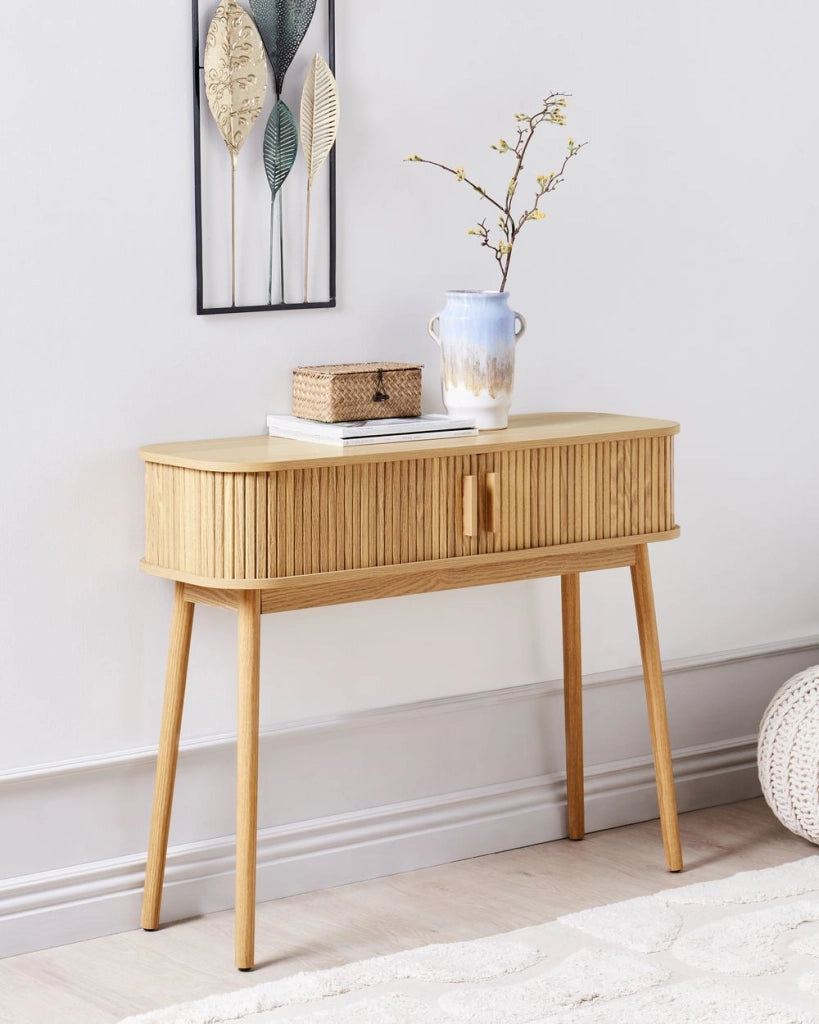 Tavolo consolle ante scorrevoli MDF gambe in legno massello legno chiaro stile boho