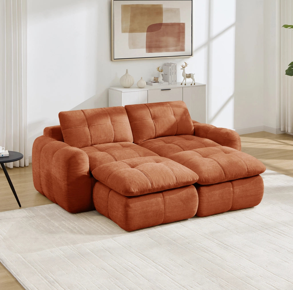 Divano modulare 2 posti con 2 pouf in chenille arancione; struttura senza telaio 194x160x68 cm