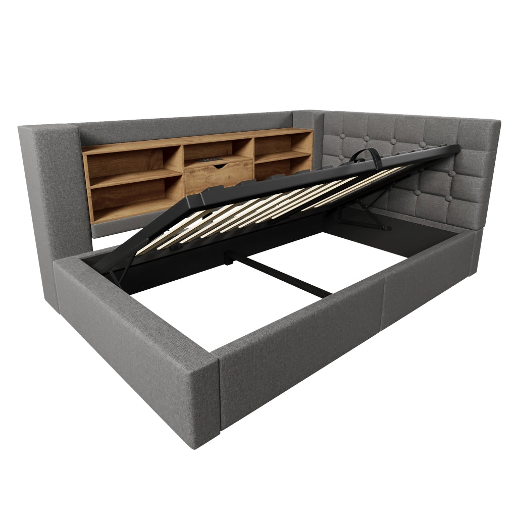 Letto singolo 90x200 cm in lino grigio con LED, USB-C/USB-A, contenitore idraulico e materasso incluso