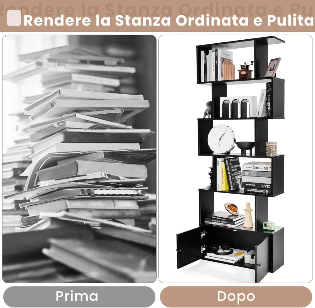 Libreria in Legno, Scaffale Multifunzionale con 5 Ripiani, per Ufficio,Casa, Ripiano a Forma di S, 70 x 23 x 183 cm (Nero)