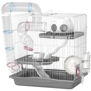 Gabbia per Criceti a 3 Livelli 45x30x45 cm e 14 Tubi con Casetta Rampa e Accessori in Metallo e Plastica Grigio