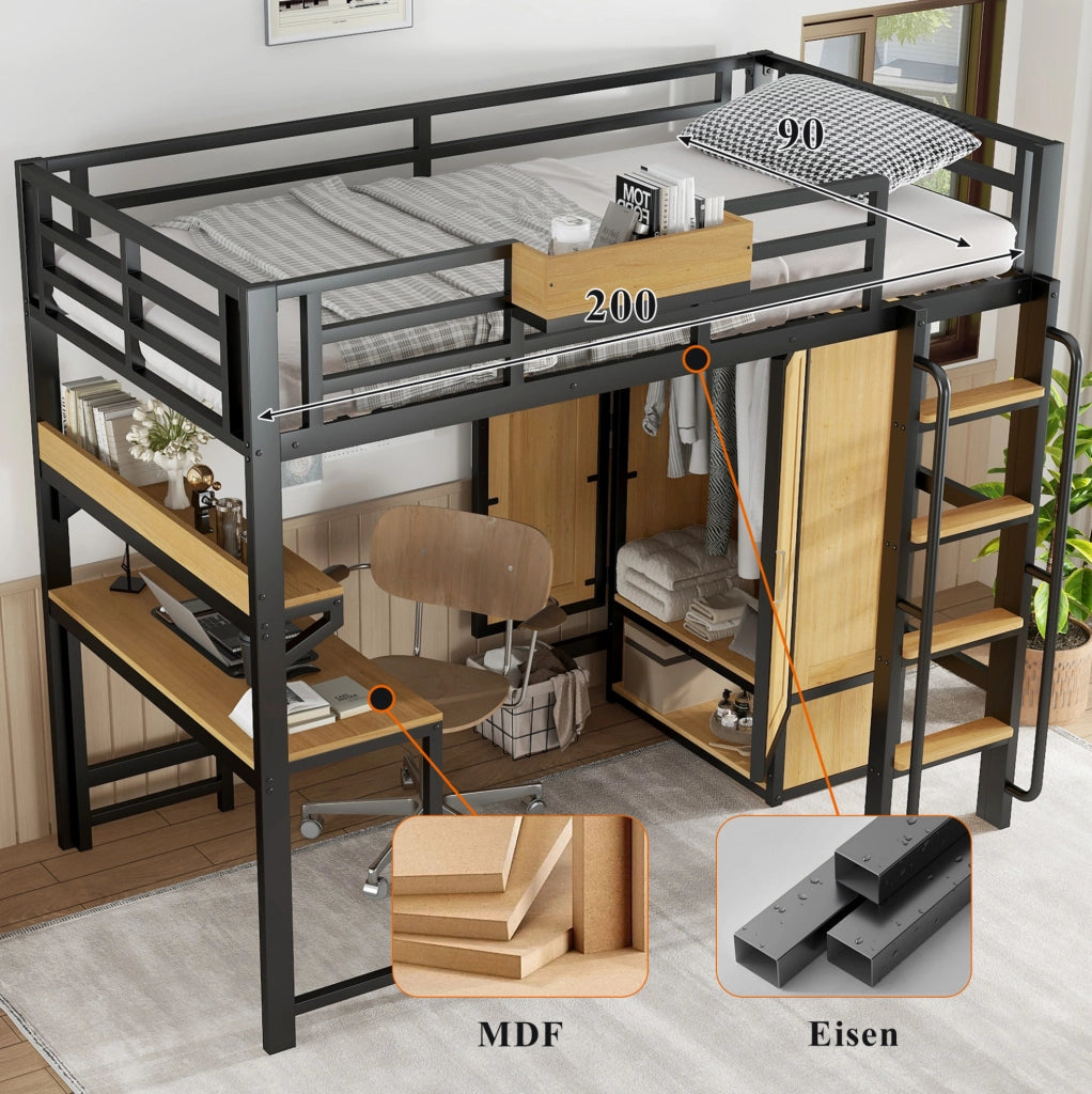 Letto a soppalco con armadio, scrivania e scaffale 90 x 200 cm