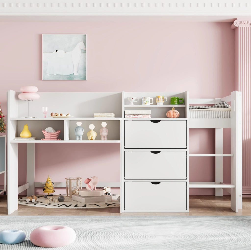 Letto rialzato per bambini 90x200 cm con contenitore bianco