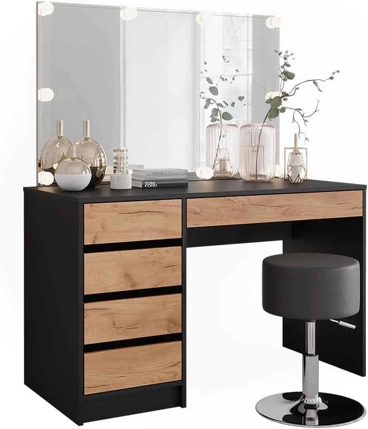 Vicco Tavolo da toilette Sherry, Antracite/quercia dorata, 120 x 75 cm con illuminazione a LED e sgabello