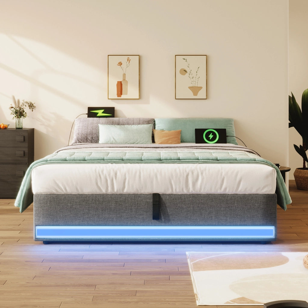 Letto contenitore matrimoniale 140×200 cm con LED; USB; Type-C e tasche laterali; senza materasso; grigio