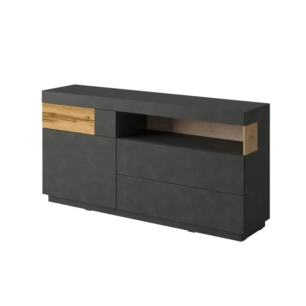 Collezione buffet KILES 170cm. Colori grigio antracite e rovere. Stile design.