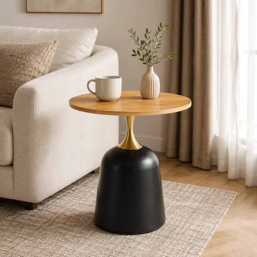 Tavolino rotondo con base in metallo appesantita; stile nordico; in melamina color legno; 70 × 69 × 40 cm