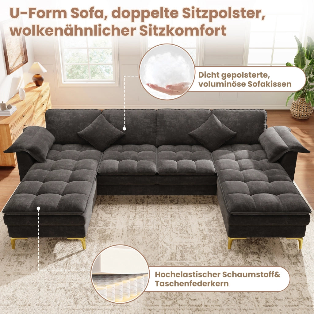 Divano panoramico a u modulare per 4-5 posti con doppia chaise longue cuscini e struttura stabile in ciniglia grigia