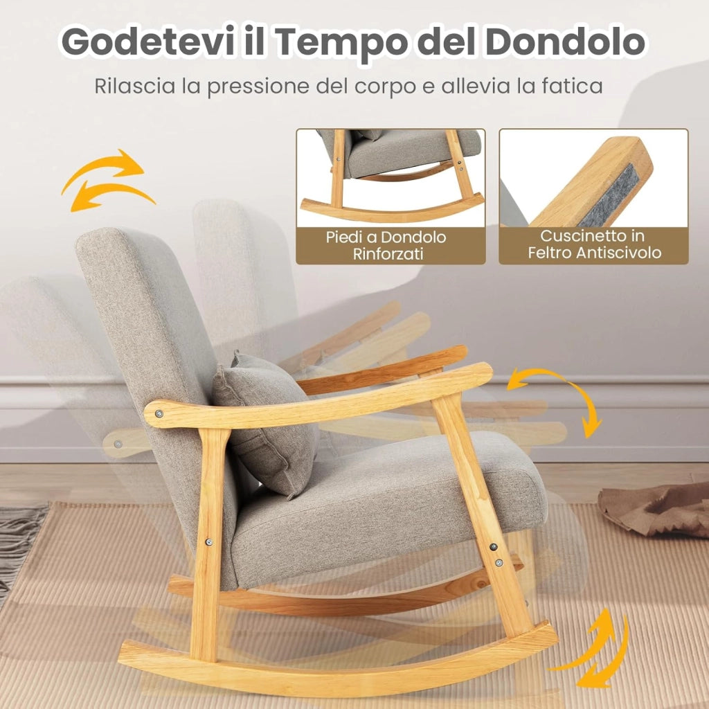 Sedia a Dondolo con Cuscino, Poltrona Dondolo Interno Ergonomica con Schienale Alto, Seduta Imbottito, in Legno di Gomma, per Soggiorno e Camera da Letto (Grigio)