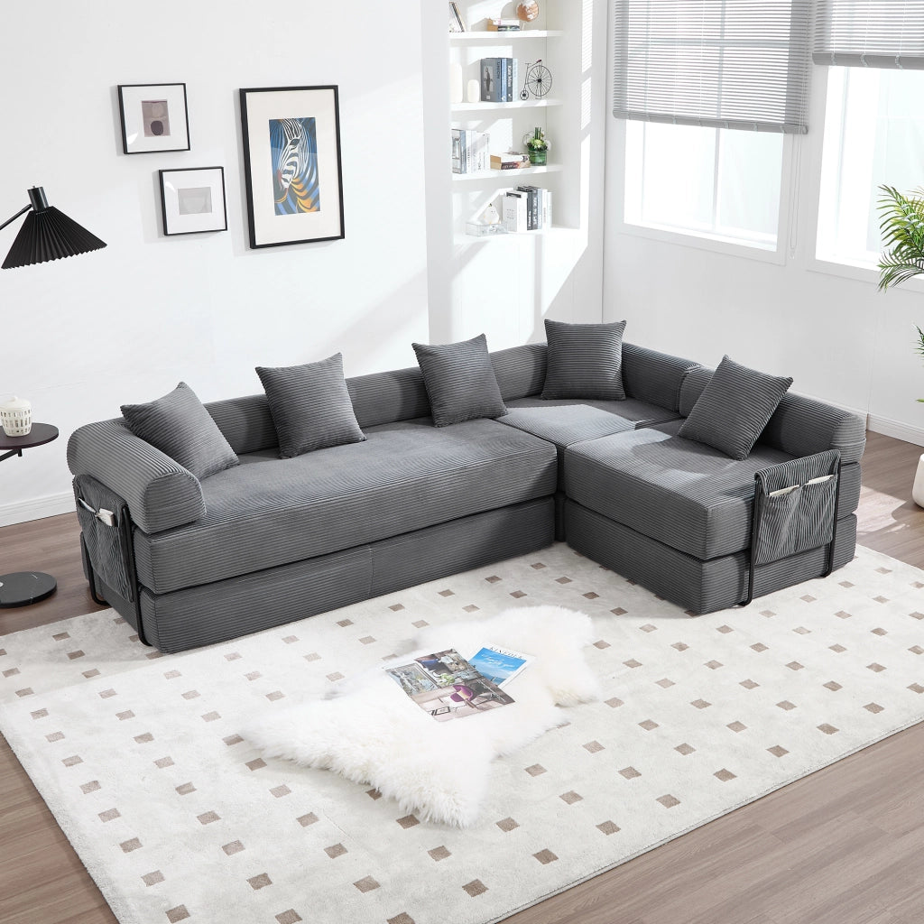 Divano Modulare Convertibile con Tasca Laterale, in Velluto a Coste Grigio Scuro 270 × 180 × 64 cm