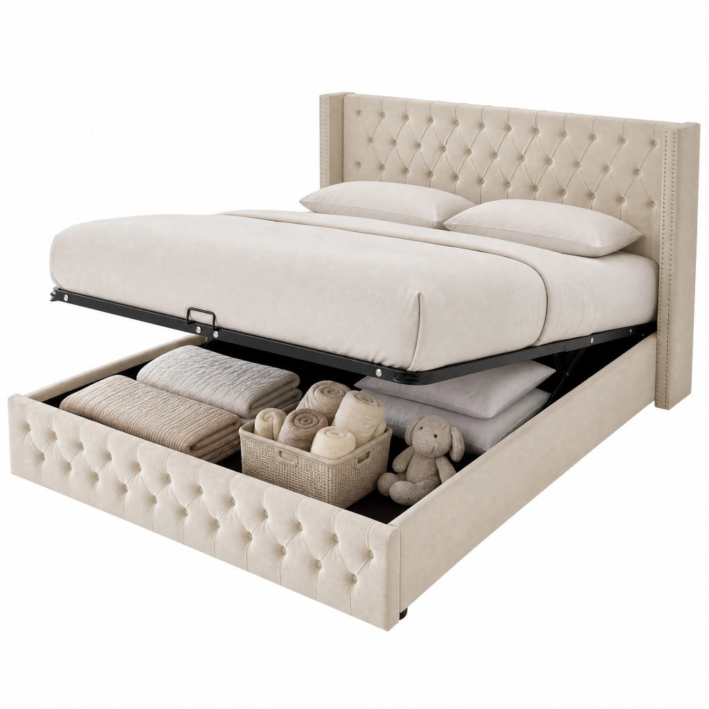 Letto matrimoniale imbottito stile Chesterfield 140x200 cm in velluto beige con contenitore