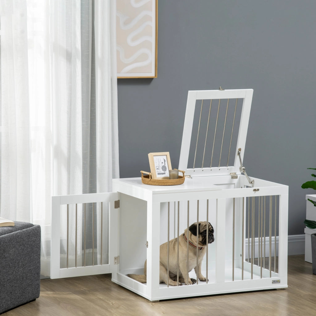 Cuccia per cani con due porte e fondo rialzato, struttura in MDF e acciaio, bianco, 80 × 50 × 56,5 cm