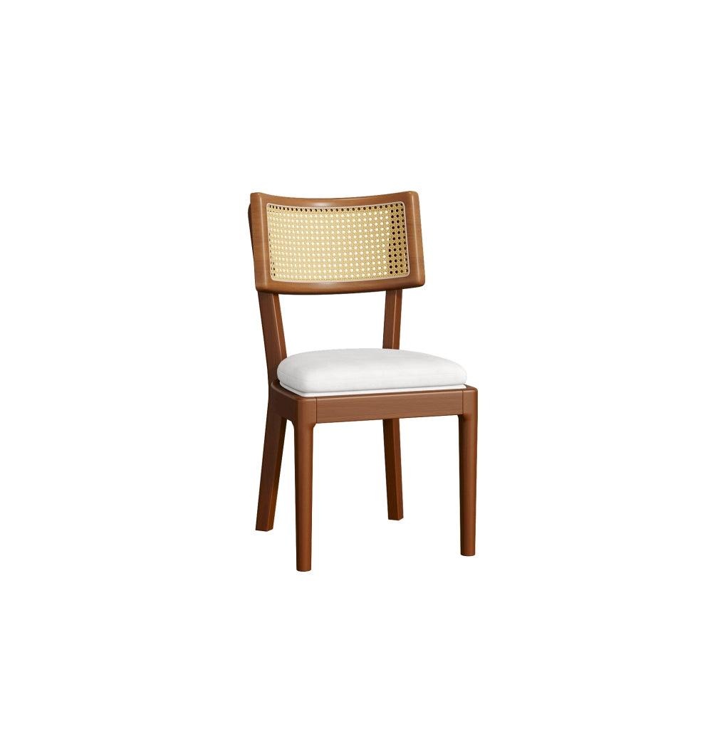 Set di 4 sedie da pranzo con schienale in rattan; cuscino in lino; legno; noce