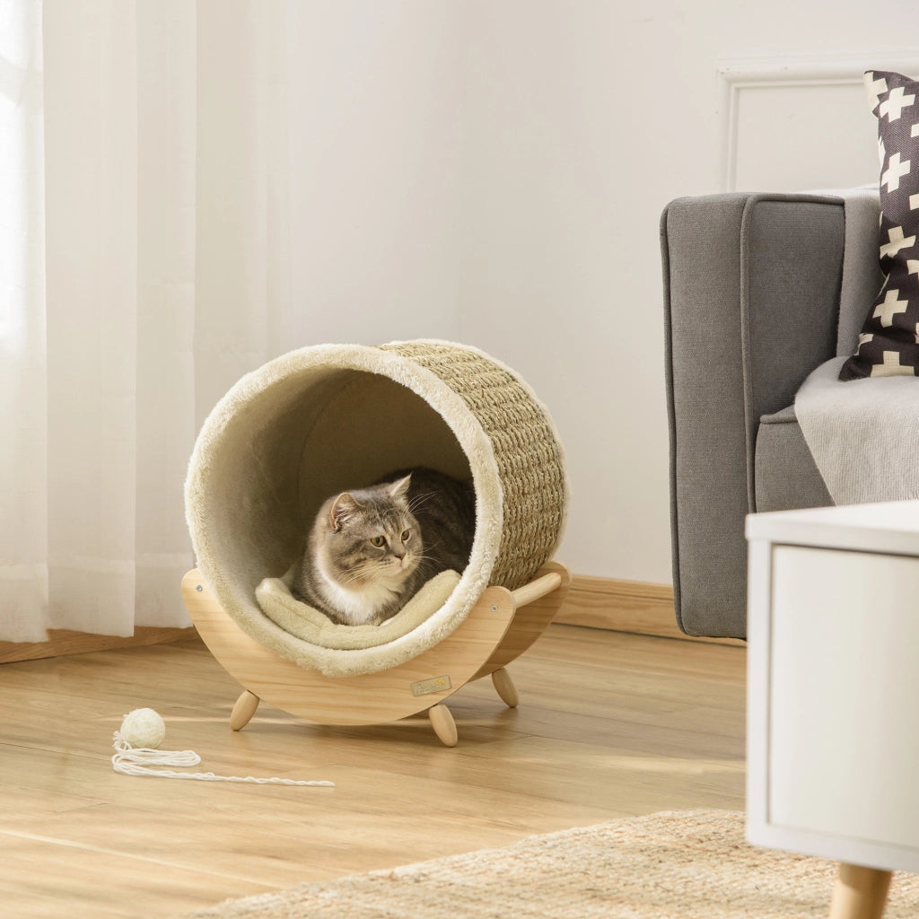 CUCCIA per gatti con tiragraffi e cuscino 41x38x43 cm legno kaki