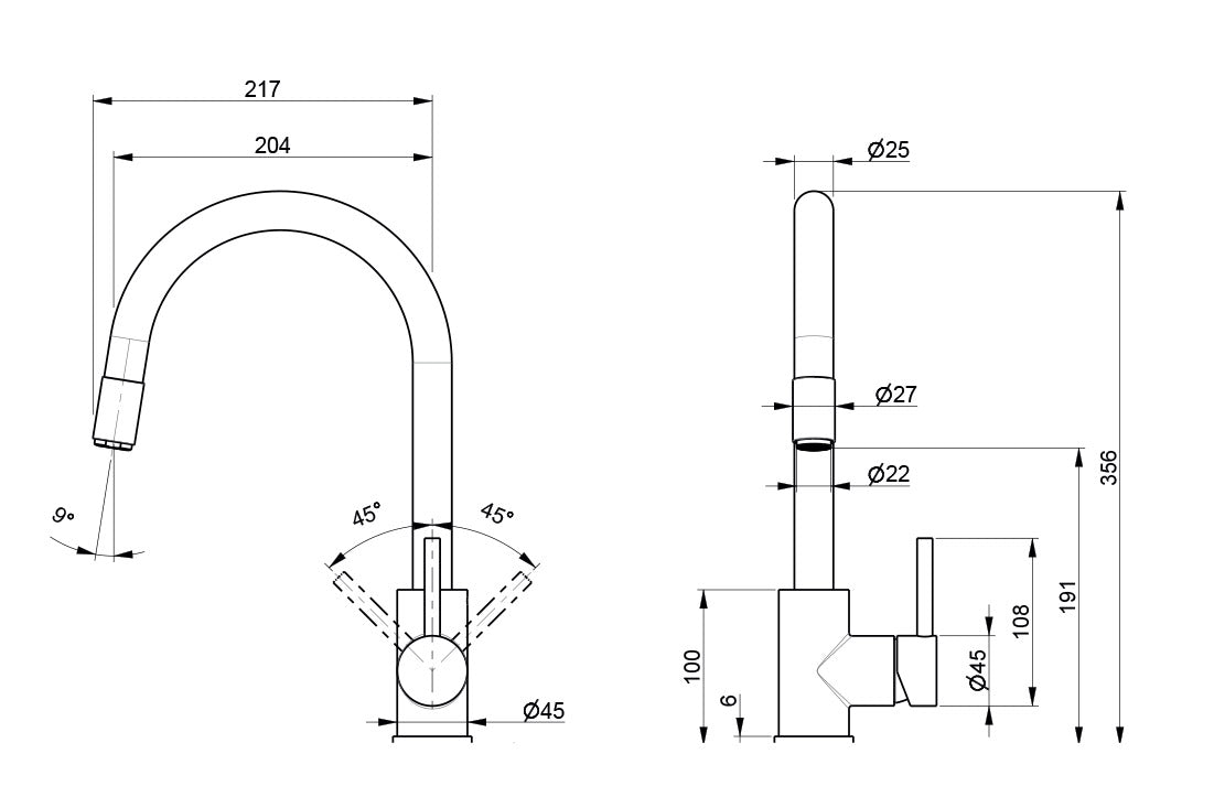 Rubinetto Cucina Miscelatore Monocomando Lavello Canna Tonda Girevole in Acciaio Inox Nero