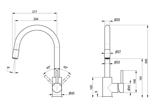 Rubinetto Cucina Miscelatore Monocomando Lavello Canna Tonda Girevole in Acciaio Inox Nero