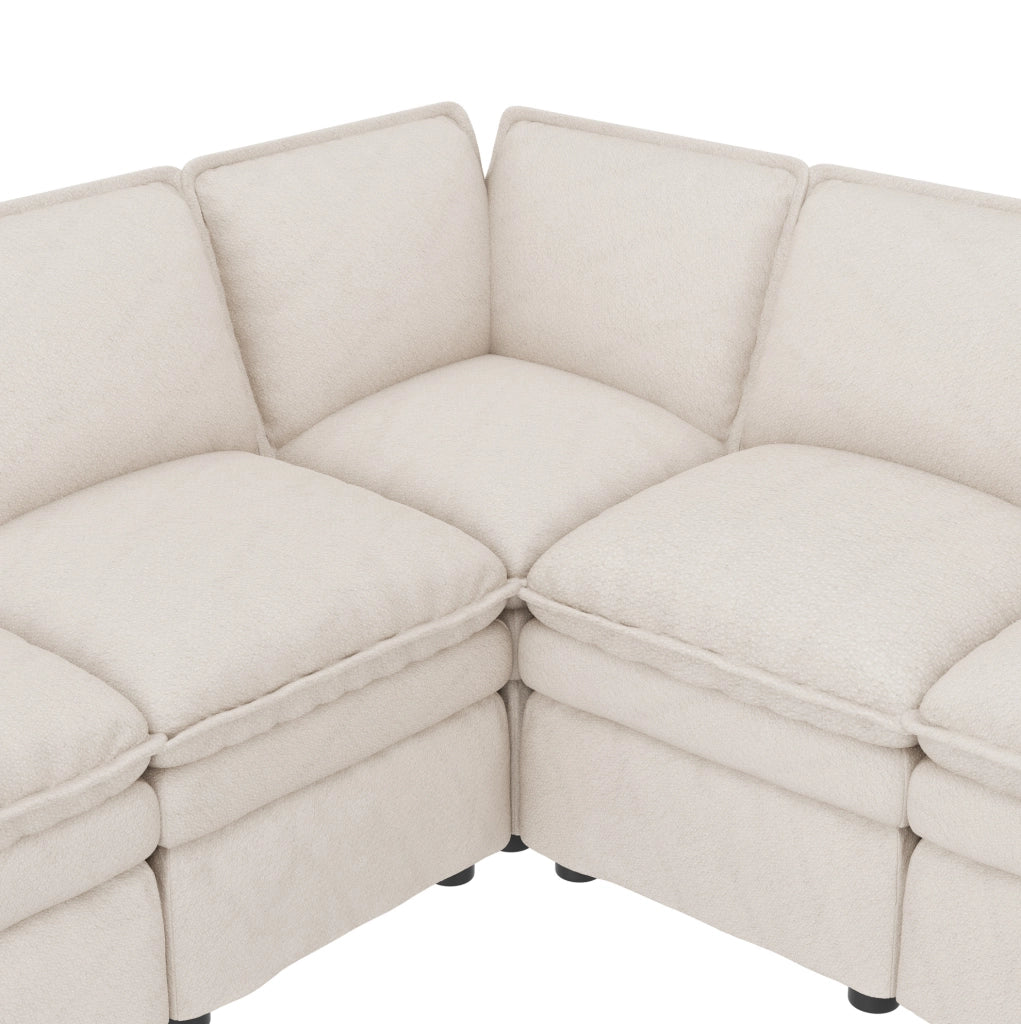 Divano modulare 6 posti in ciniglia beige con pouf