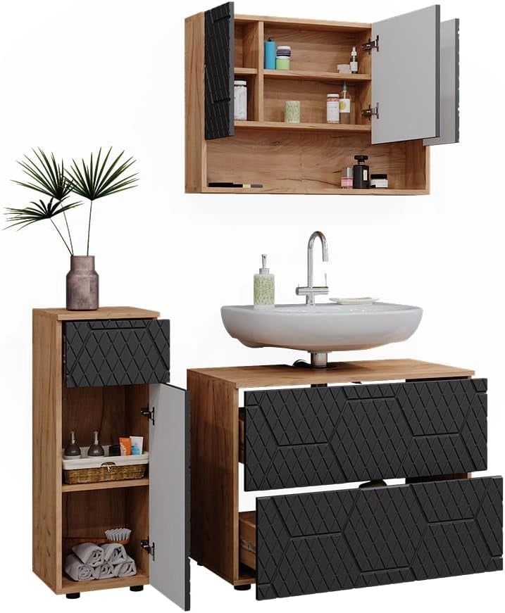 set mobili bagno Irma, Quercia dorata/Antracite, 3 pezzi, con cassettiera e mobile midi