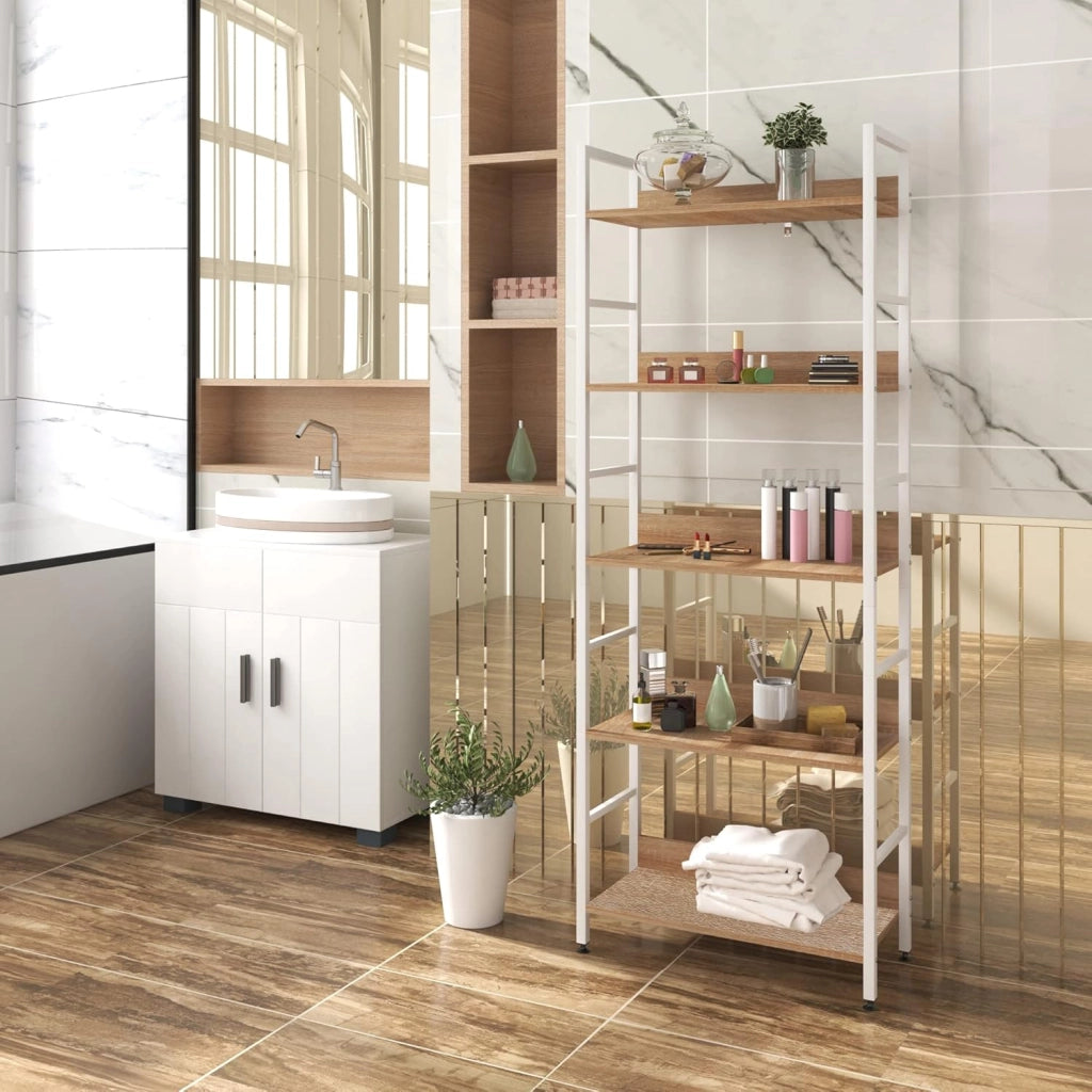 Libreria Scaffale a 5 Livelli, Libreria Verticale Struttura in Metallo per Soggiorno/Camera da Letto/Studio, 60x27,5x160cm,Bianco + Rovere chiaro