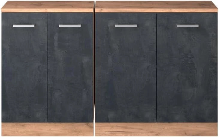 Set di mobili sottotetto Rion, Calcestruzzo nero, 140 cm Set di 2 carcasse armadio profondità 60 cm, adatto per il salvaspazio sotto tetti spioventi