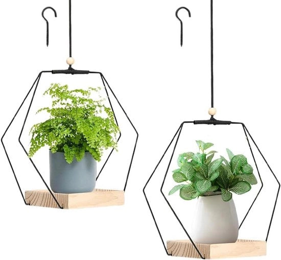 Cestini per Piante da Appendere all'Interno - Base in Legno, Anello in Metallo, Stile Boho Moderno - Set di 2 con Ganci - Ideali per Piante di Piccole a Medie Dimensioni