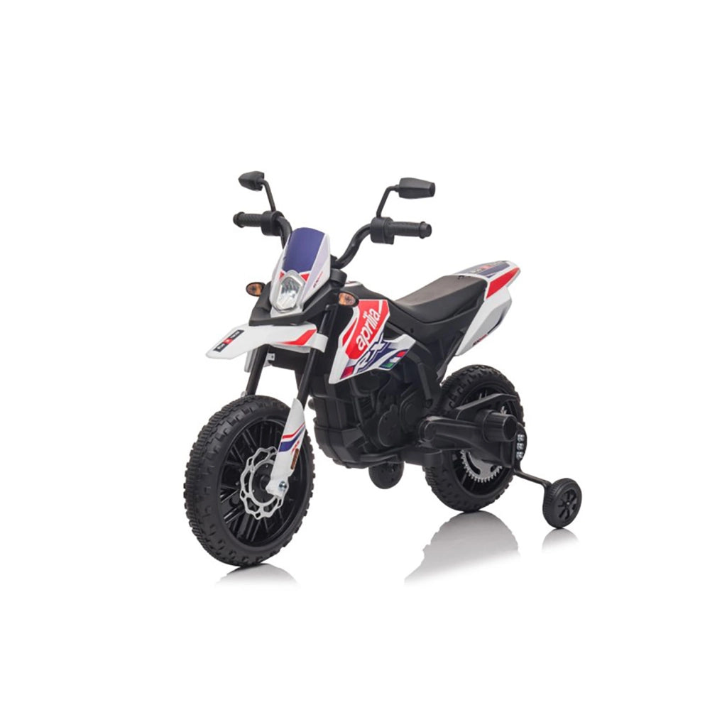 Moto Elettrica per Bambini Aprilia RX-125 Small 12V Cross Sedili In Pelle Luci Led Bluetooth Sospensioni a Molla Bianco