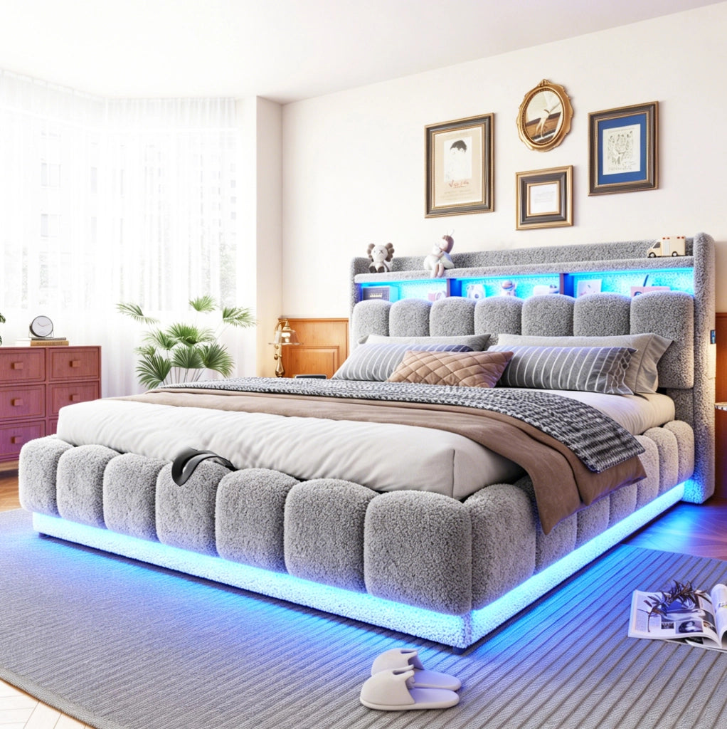 Letto imbottito 180x200 cm con contenitore idraulico; LED; USB e prese; tessuto grigio