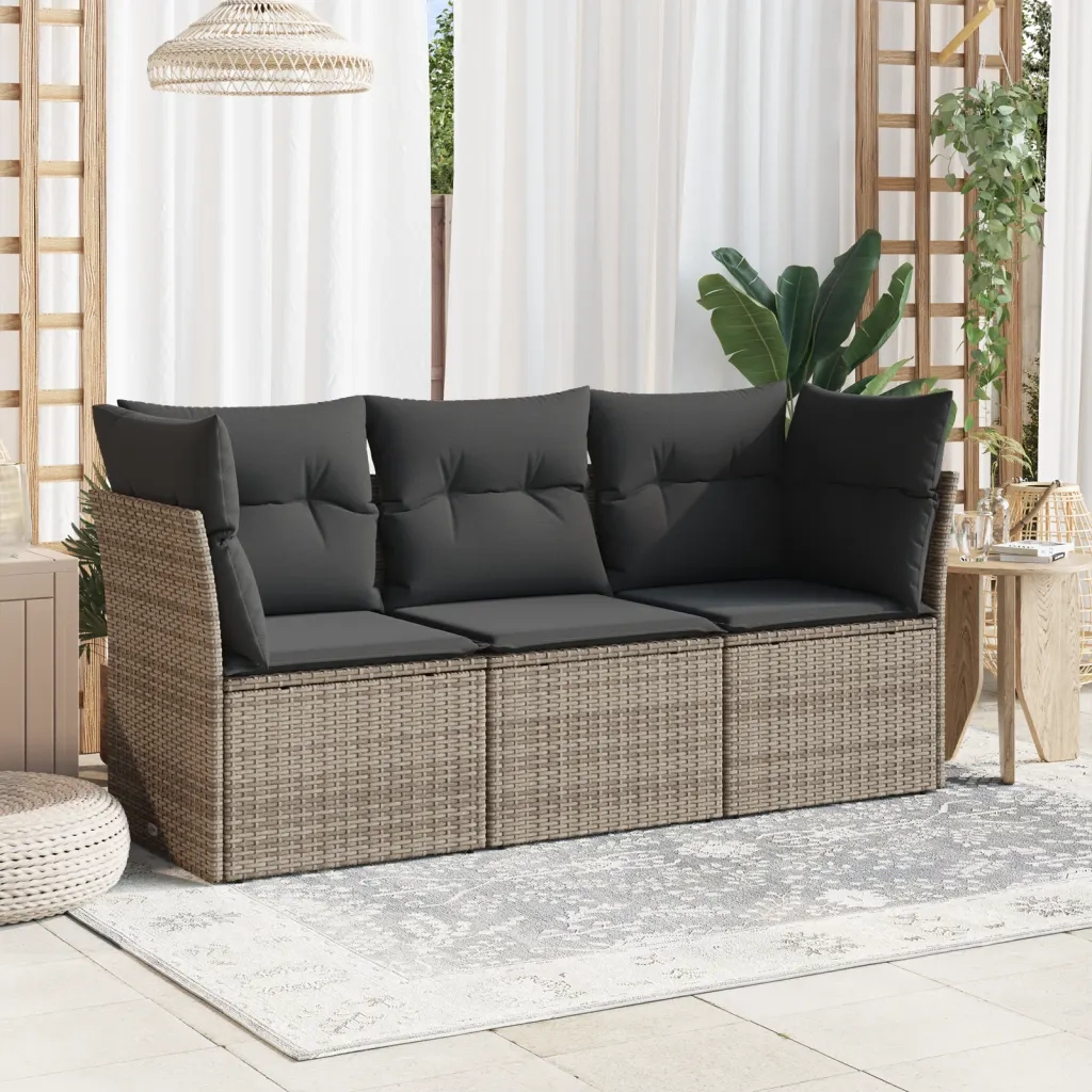 Set Divani da Giardino 3 pz | Set Salotto da Giardino con Cuscini Grigio in Polyrattan