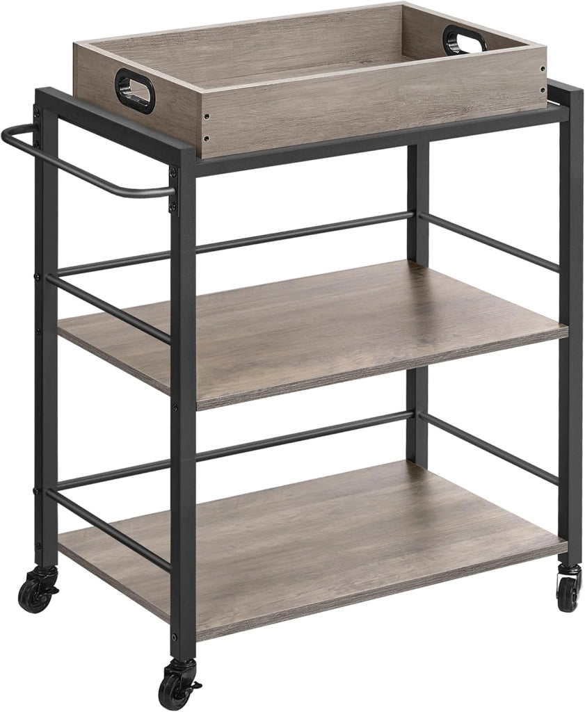 VASAGLE Carrello da Cucina con Vassoio Rimovibile, Carrello Portavivande Fisso o con Ruote, Struttura in Acciaio, Scaffale Cucina 40 x 72 x 86 cm, Greige e Nero Inchiostro LRC072B02