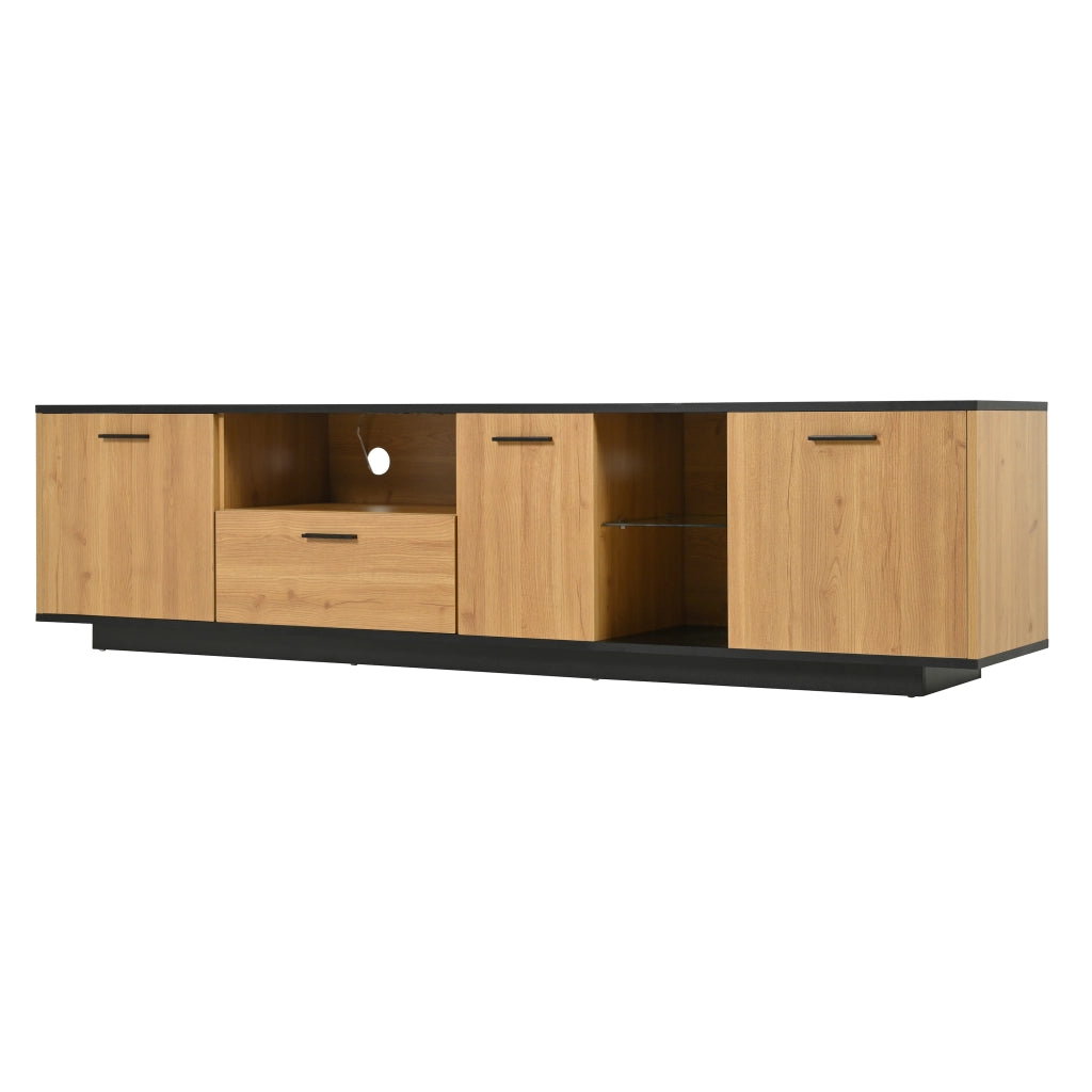 Mobile TV con 3 Ante; 1 Cassetto; 2 Vani a Giorno e LED 16 Colori; MDF; Nero e Effetto Legno; 180??37??45 cm