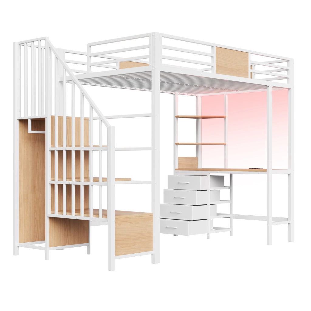 LETTO A SOPPALCO 90x200 cm in metallo bianco con scrivania, ripiani, barra appenderia, LED e presa
