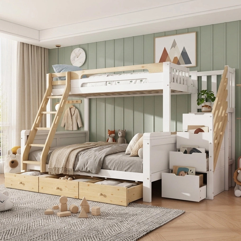 Letto a castello familiare 90x200/140x200 cm in legno bianco e naturale con scala contenitore
