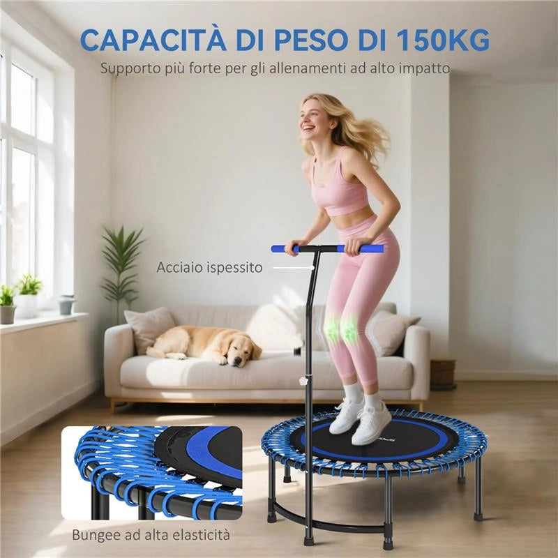 TRAMPOLINO FITNESS 145 CM CON MANUBRIO REGOLABILE SU 5 POSIZIONI, 36 MOLLE BUNGEE, CAPACITÀ 150 KG, BLU