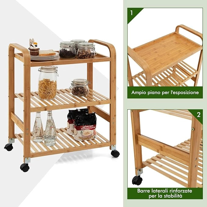 Carrello da Cucina di Bambù, Scaffale da Cucina con 3 Livelli e Ruote Staccabili, Ideale per Casa Ristorante Bar, 58x33x76 cm