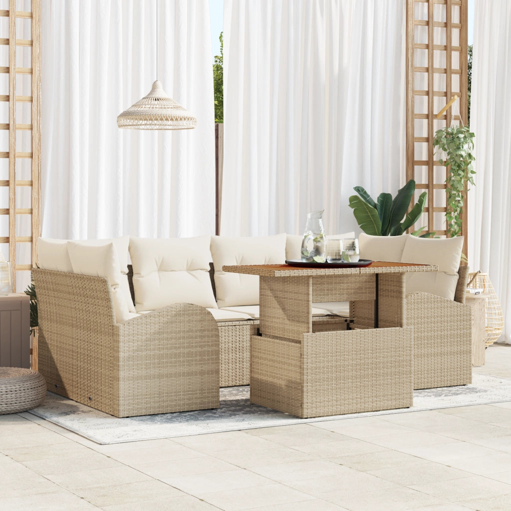 Set Divano da Giardino  7 Pezzi con Cuscini Beige Rattan Sintetico