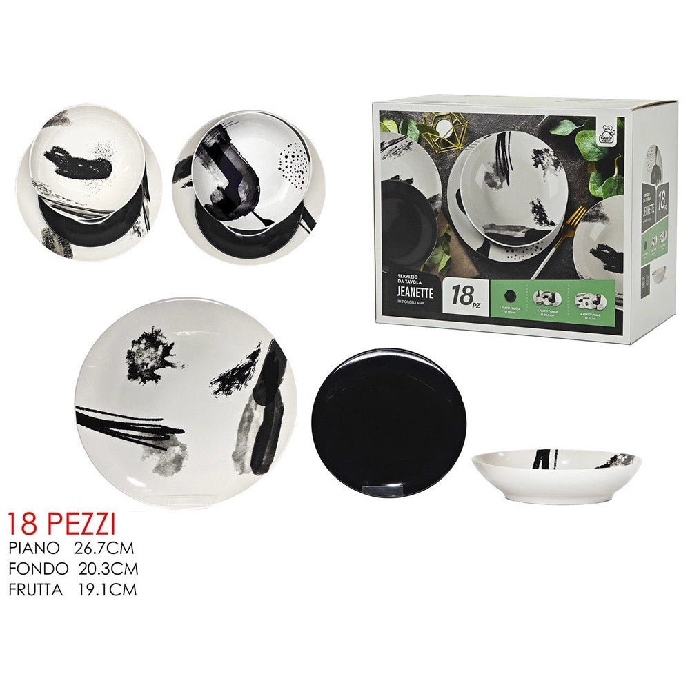Trade Shop - Set Servizio Di Piatti Da Tavola In Porcellana Da 18pz Design Moderno Finiture Bianco Nero -