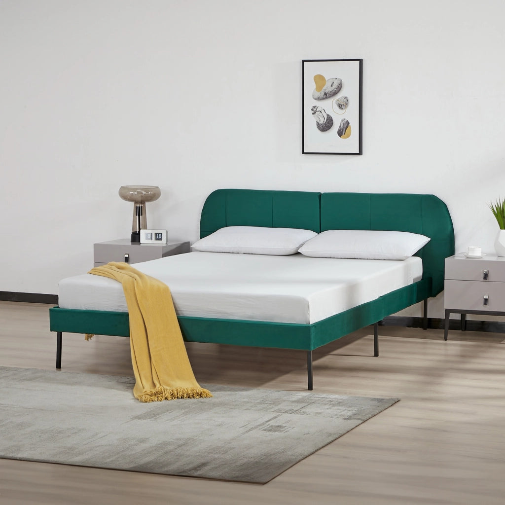 Letto Francese Porvoo 140x200 cm Testiera Imbottita Rivestimento in Velluto - Verde Scuro [en.casa]