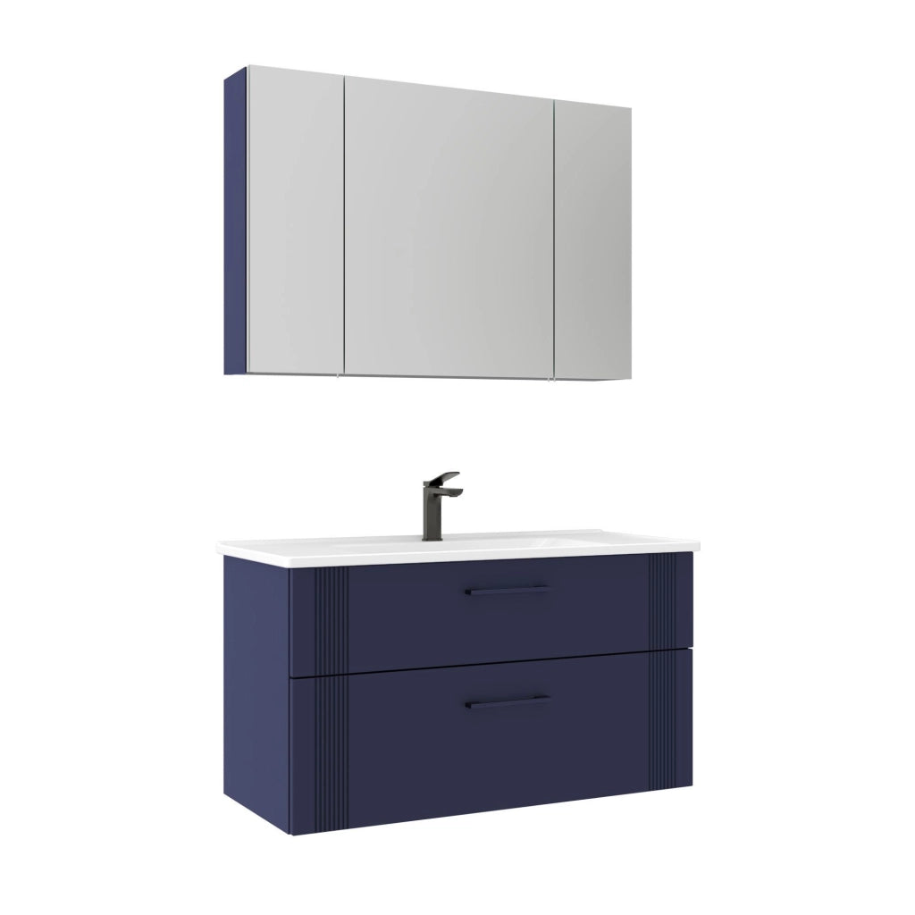 Set mobile lavabo con specchio (2 pezzi) "Bari 100 v2" - 100 x 45 x 55 cm - Blu navy opaco