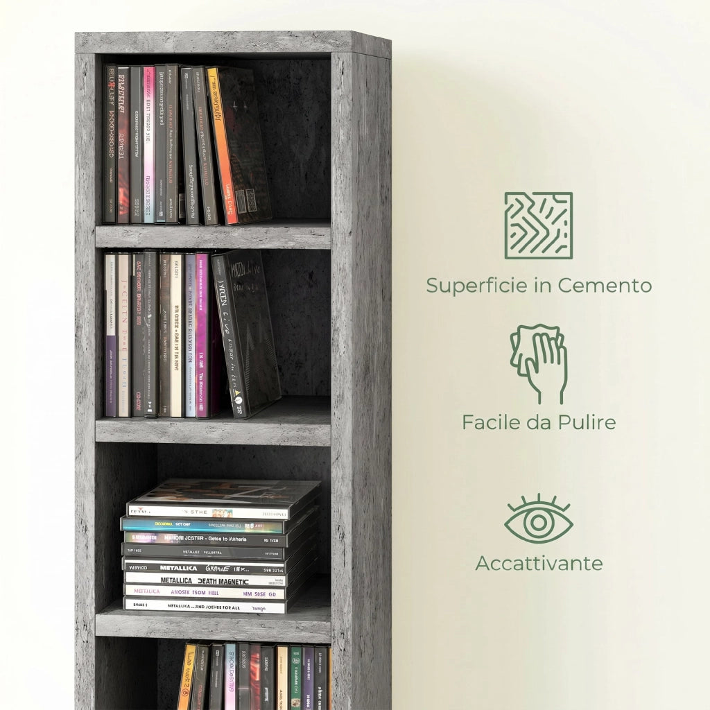 Mobile Libreria Porta CD 21x20x175 cm a 12 Ripiani per 204 CD in MDF e Truciolato Grigio