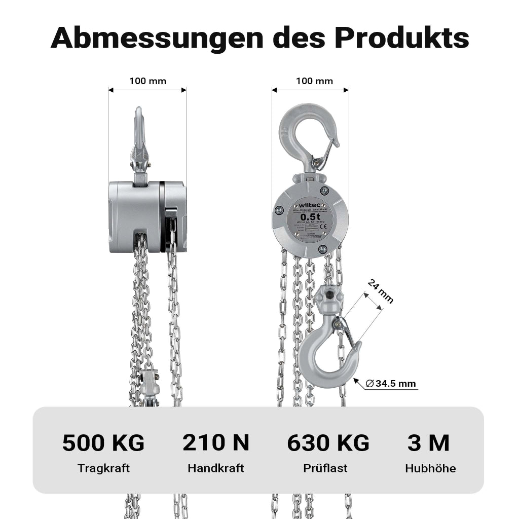 Paranco a catena manuale VX-0.5 in alluminio, capacità di carico 500 kg, altezza di sollevamento 3 m, catena di carico G100, leggero e compatto, per impieghi gravosi