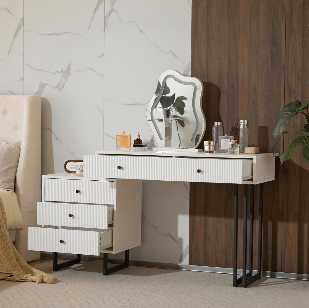 Tavolo da trucco bianco con specchio LED dimmerabile e 5 cassetti, 100x40x76 cm