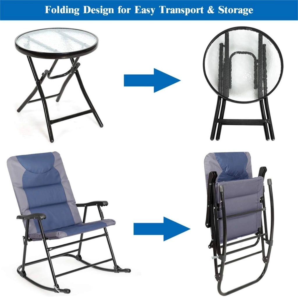 Set di sedie a dondolo pieghevoli, per balcone, set da 3 pezzi, con 1 tavolino e 2 sedie a dondolo, da giardino, per esterni, balcone, set per 2 persone, per balcone, giardino (blu)